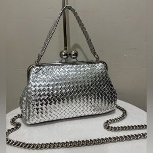 Stunning Silver Woven Leather Handmade Large Ball Kisslock Frame, Multi Use Bag